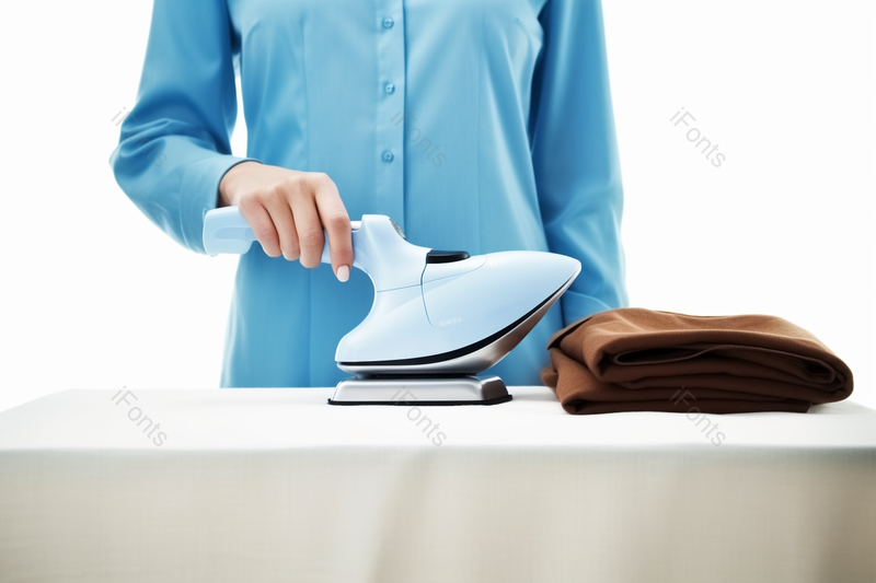 蓝色家政服务女性熨烫衣服细节拍摄,高清,摄影图,摄影图片,图片大全,摄影图免费下载